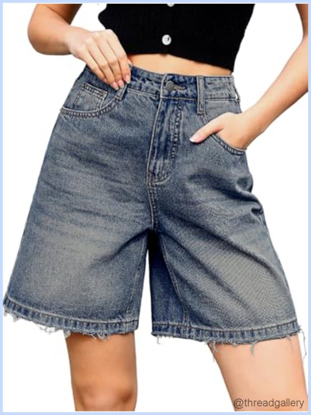 ELLEVEN Bermuda Jorts Baggy Wide Leg Knee Length Jean Shorts Elastic Waist